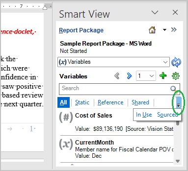 Drop-down arrow used for viewing filters that are not showning due to the narrow Variables panel