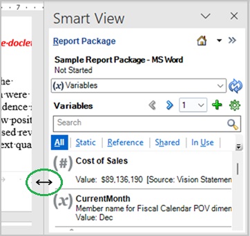 The Microsoft Office double-headed arrow key used to widen the Variables panel
