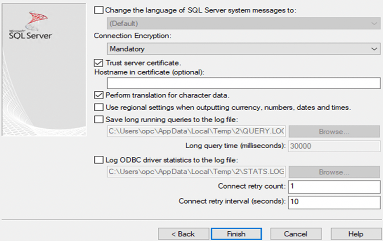 This image shows the configuration settings for SQL Server ODBC