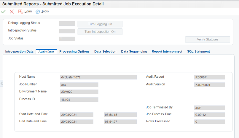 Terminated job execution detail.