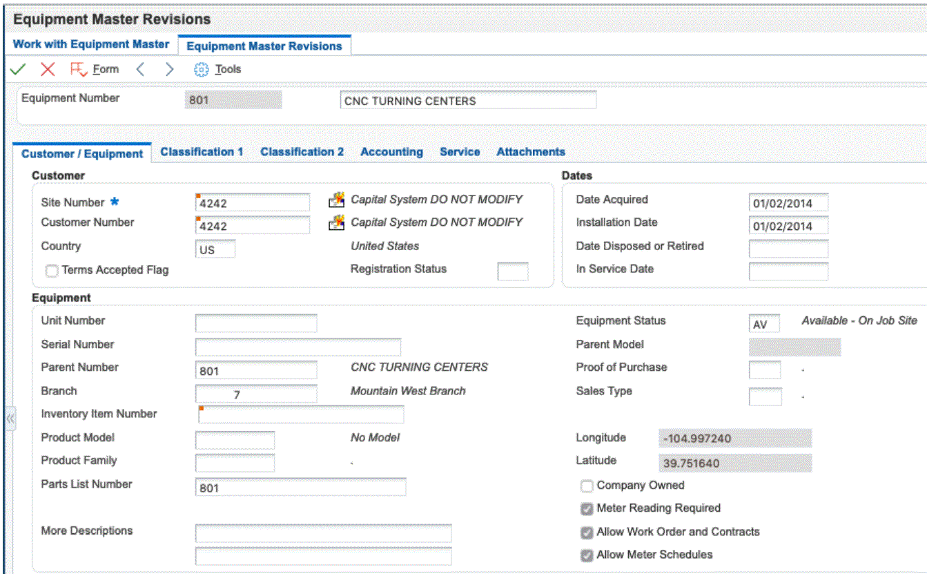 Equipment Master Revisions form