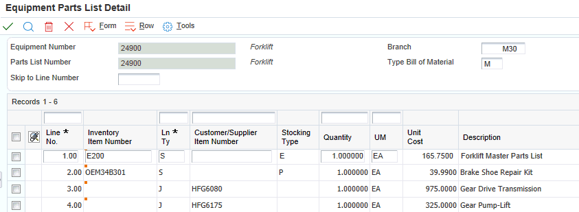 Equipment Parts List Detail form