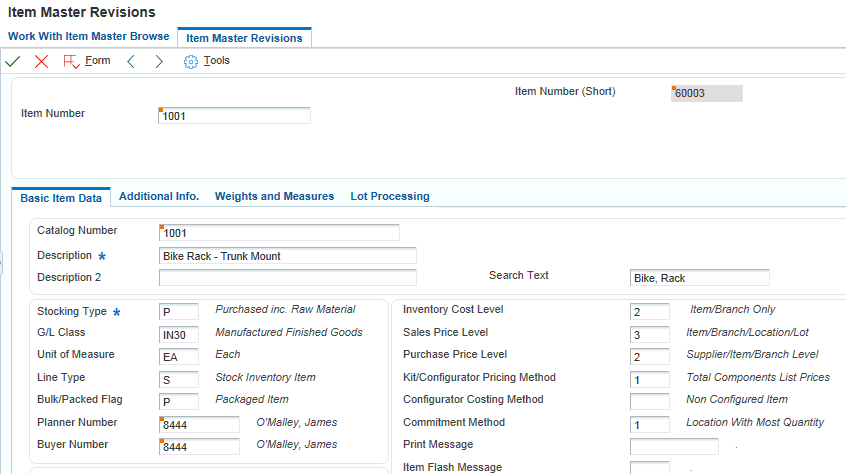 Item Master Revisions form