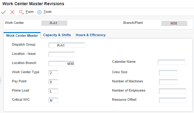 Work Center Master Revisions form