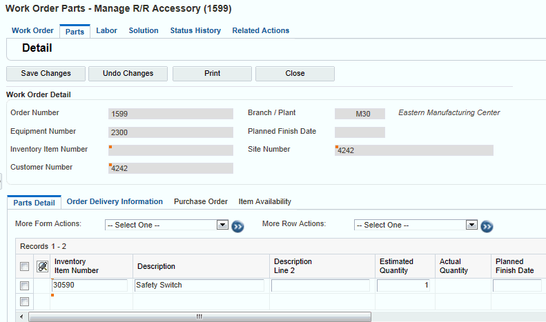 Work Order Parts - Manage [work order description] form
