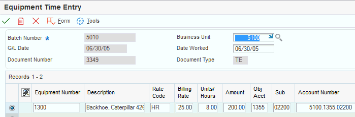 Equipment Time Entry form