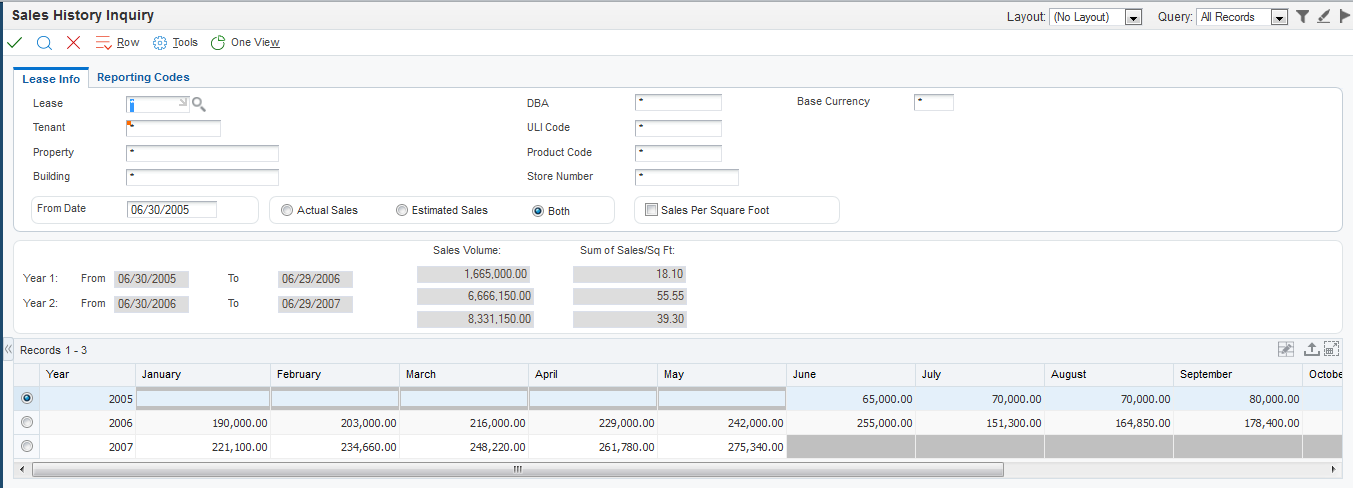 Sales History Inquiry form