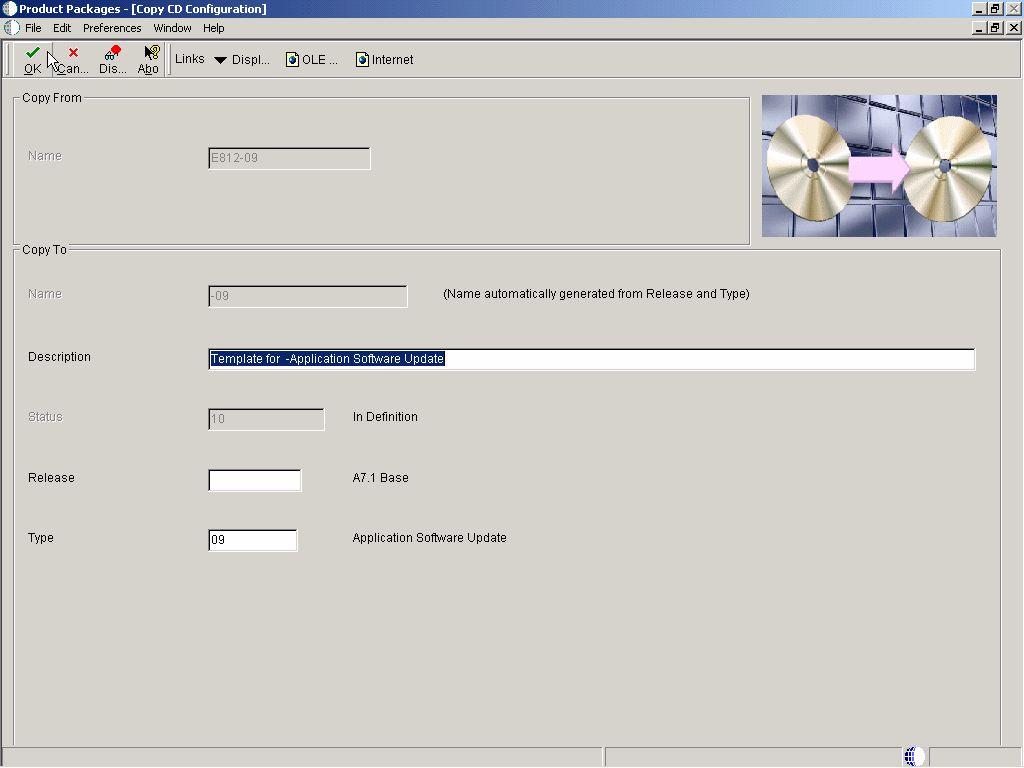 Product Packages [Copy CD Configuration] form.