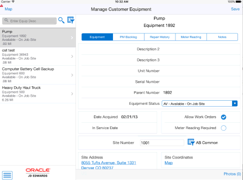 Service Equipment Tablet: Customer Equipment Details