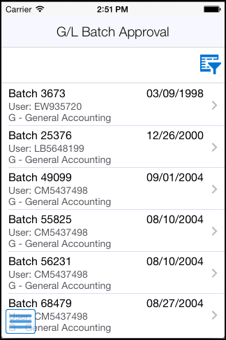 G/L Batch Approval Home Screen: Smartphone