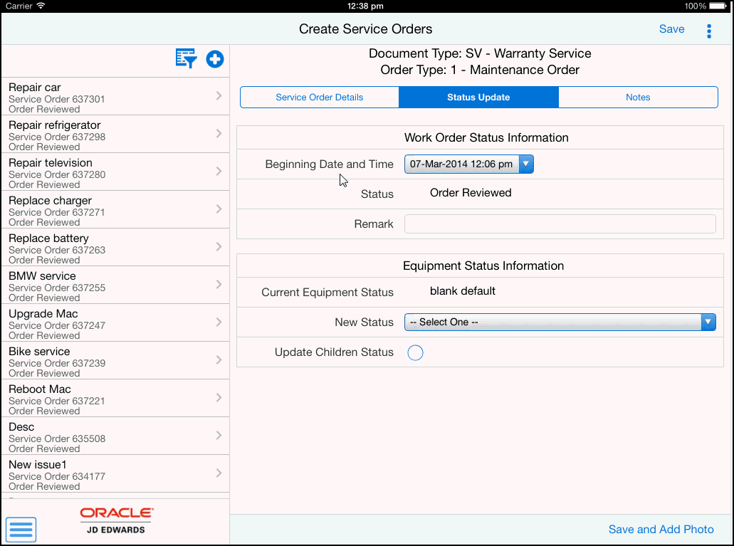 Status Update Screen