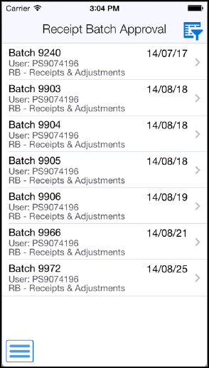 Receipt Batch Approval Home Screen - Smartphone
