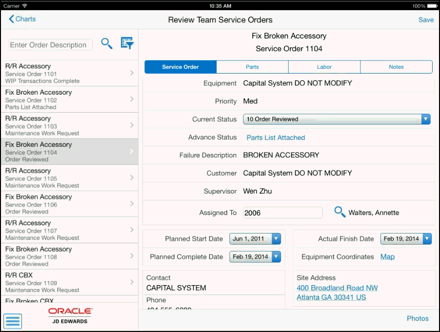 Service Order Tab: Tablet