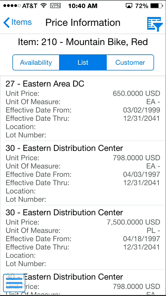 Price Information - List Screen: Smartphone