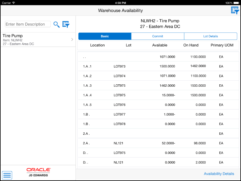 Warehouse Availability: Basic tab