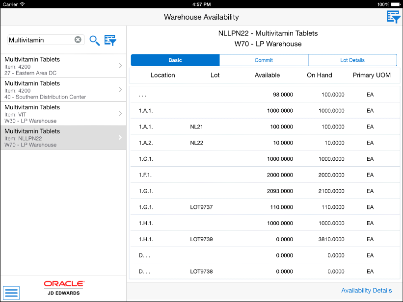 Warehouse Availability: Basic tab