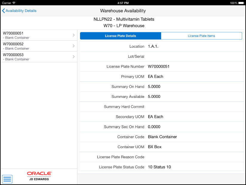 Warehouse Availability: License Plate Details
