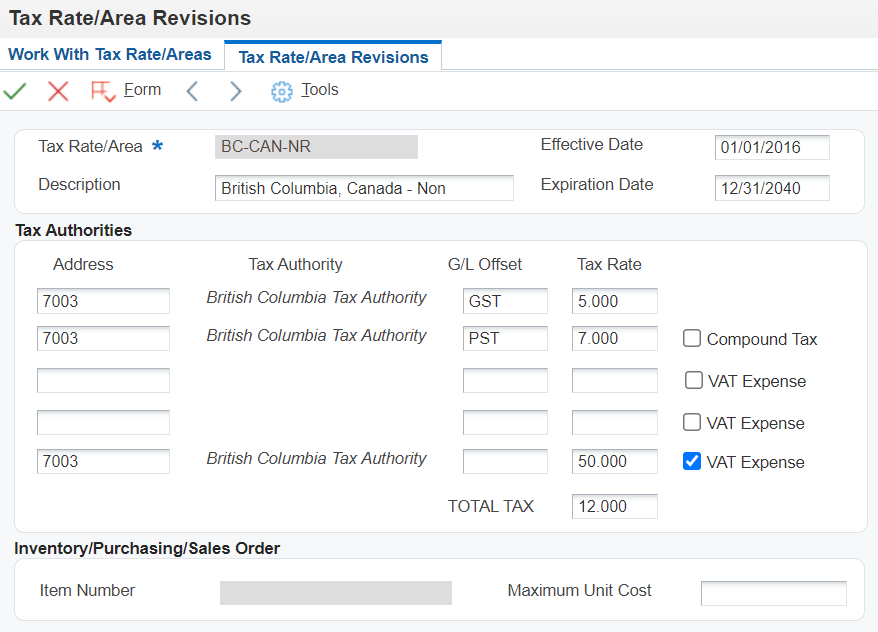 Tax Rate/Area Revisions form.