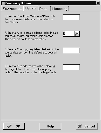 This graphic describes the Update processing options form