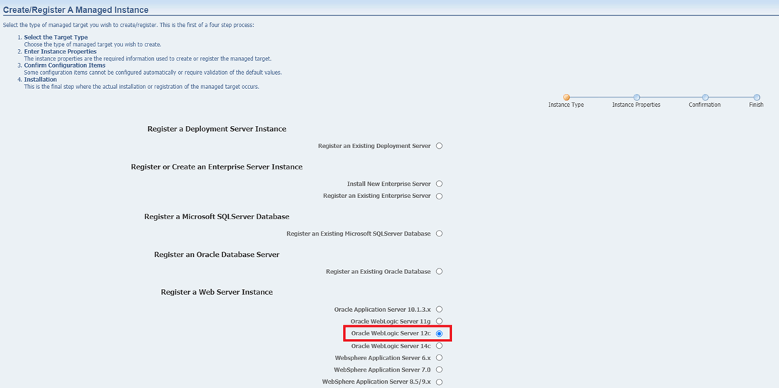 Oracle WebLogic Server 12c Selection.