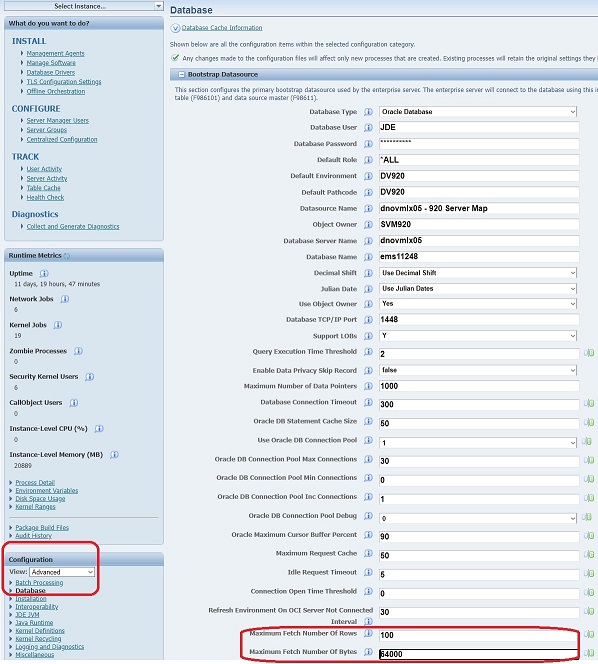 This image shows the configuration for Database Fetch Size