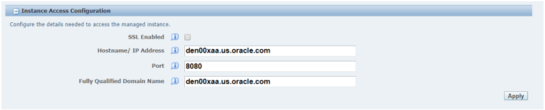 Instance Access Configuation window