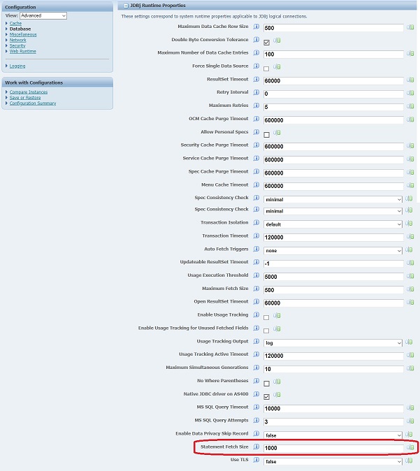 This images shows the Statement Fetch Size setting