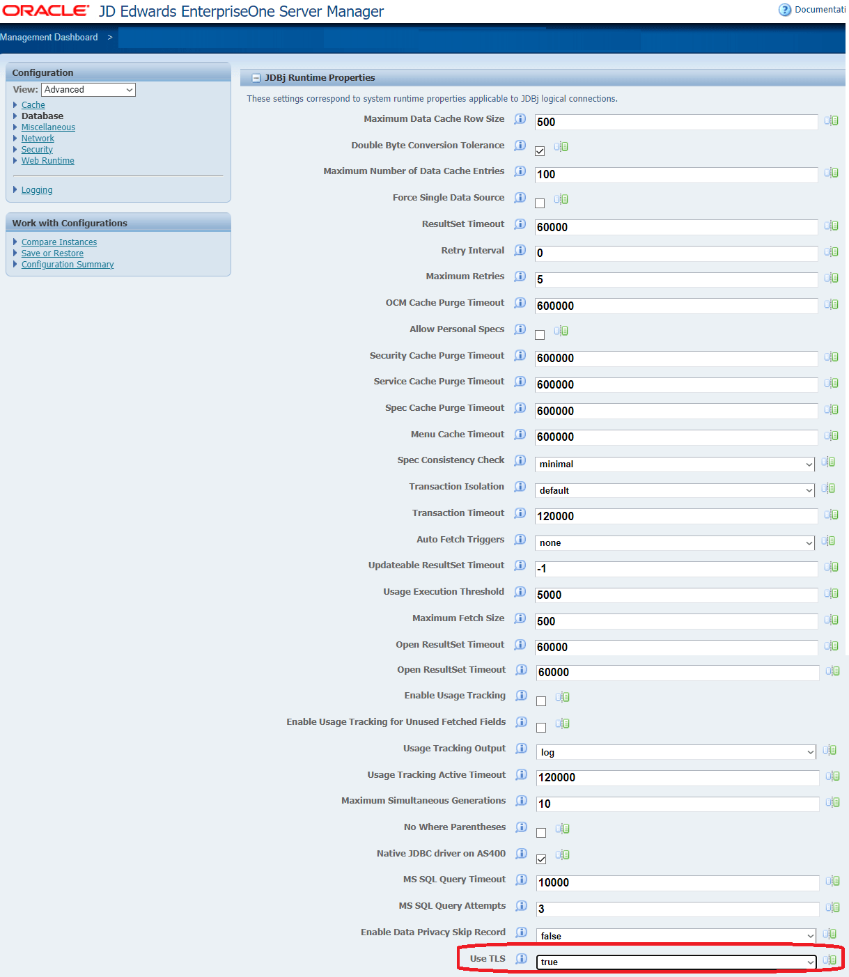 This image shows the Use TLS option