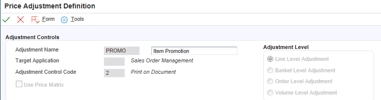 Price Adjustment Definition form (1 of 2)