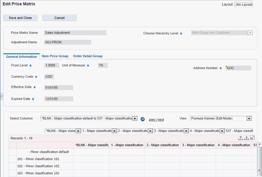 Edit Price Matrix form