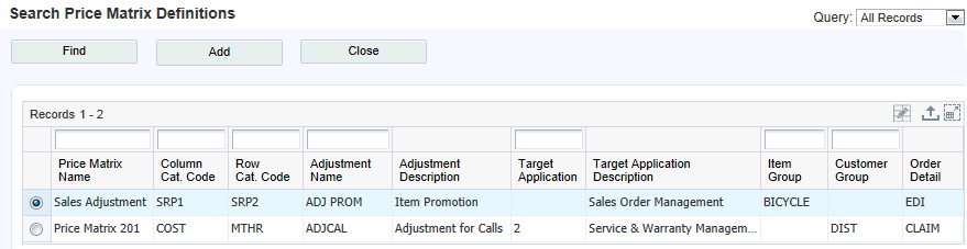 Search Price Matrix Definitions form