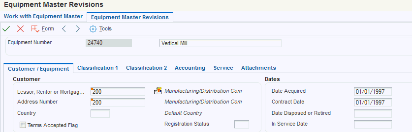 Equipment Master Revisions form (1 of 2)