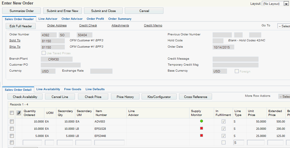Enter New Order form