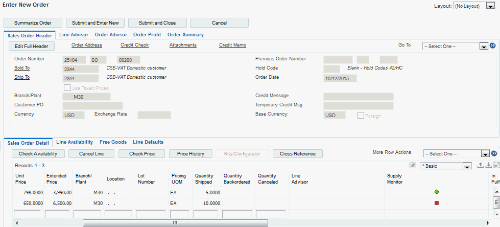 Enter New Order form