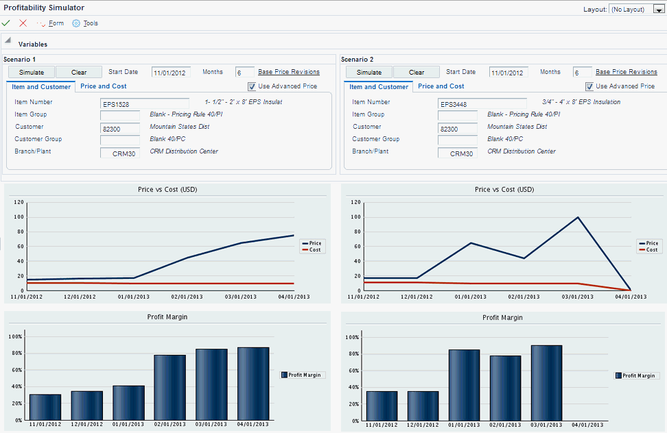 Profitability Simulator form (comparison mode)