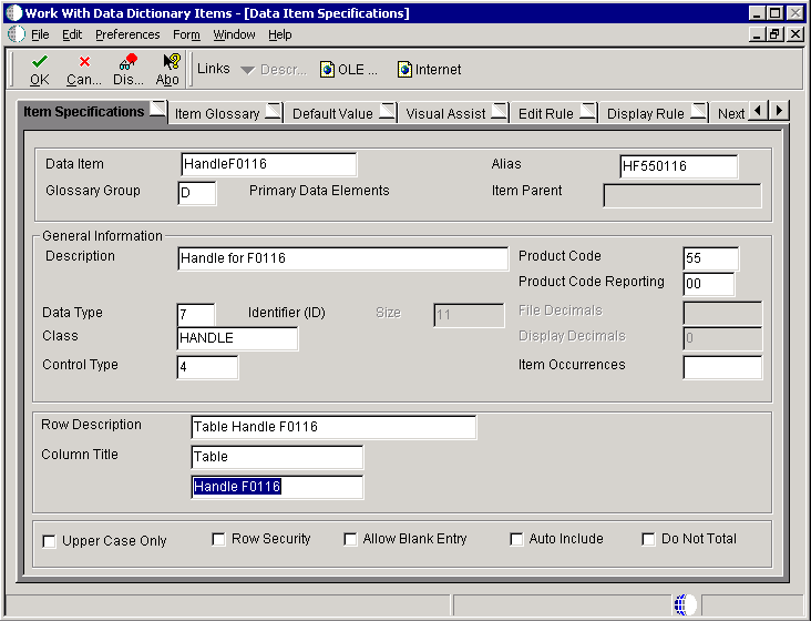 Data Item Specifications form