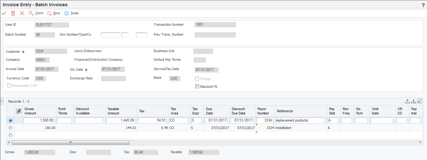 Batch Invoices form.