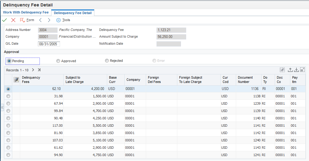 Delinquency Fee Detail form