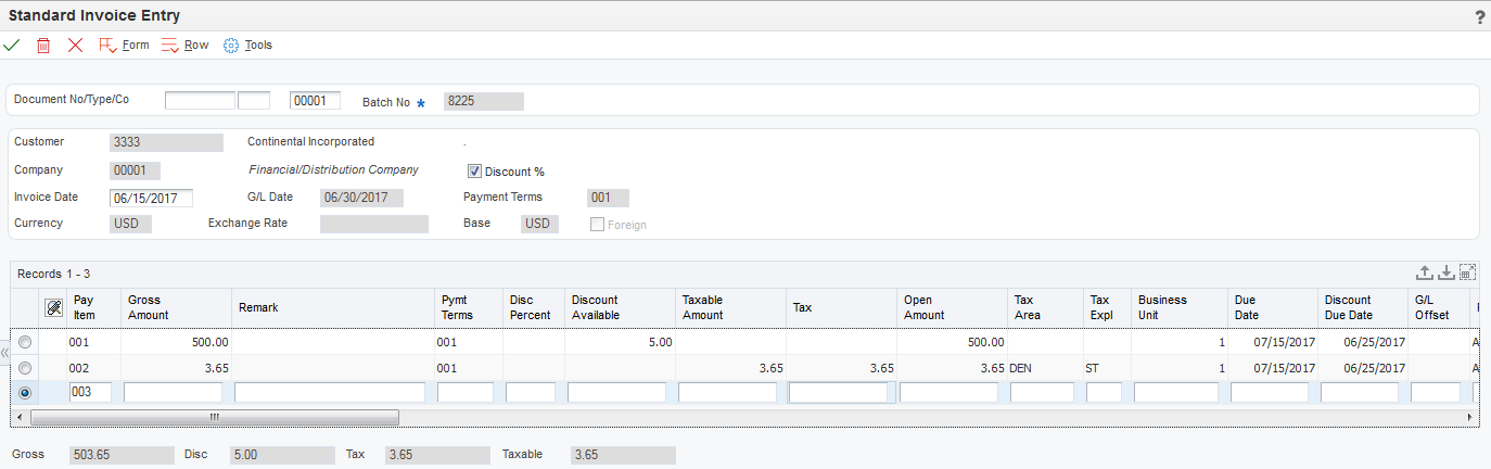 Standard Invoice Entry form