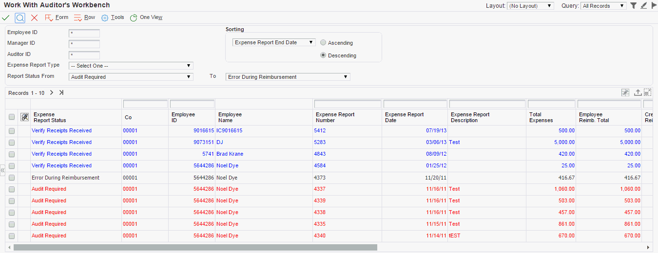 Work With Auditor's Workbench form.