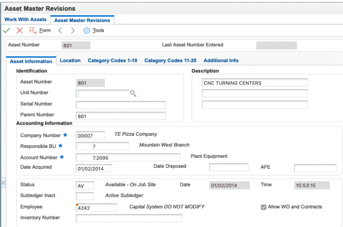 Asset Master Revisions form