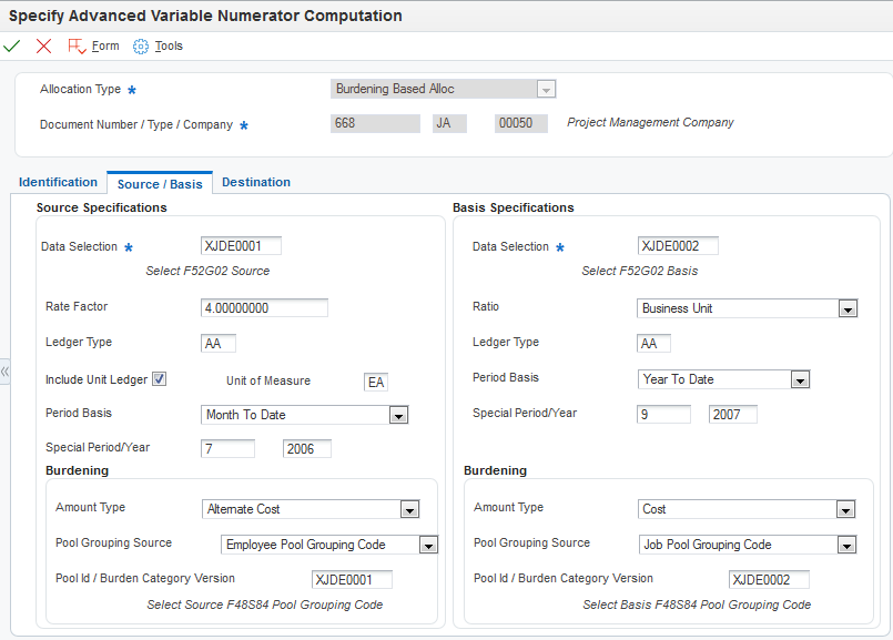 Specify Advanced Variable Numerator Computation form: Source / Basis tab