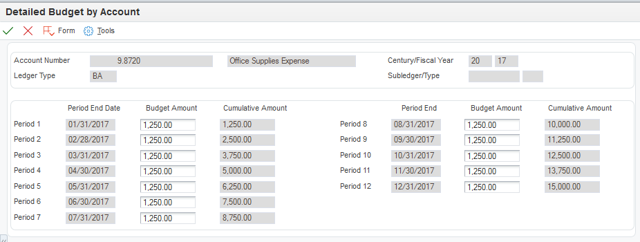 Detailed Budget by Account form