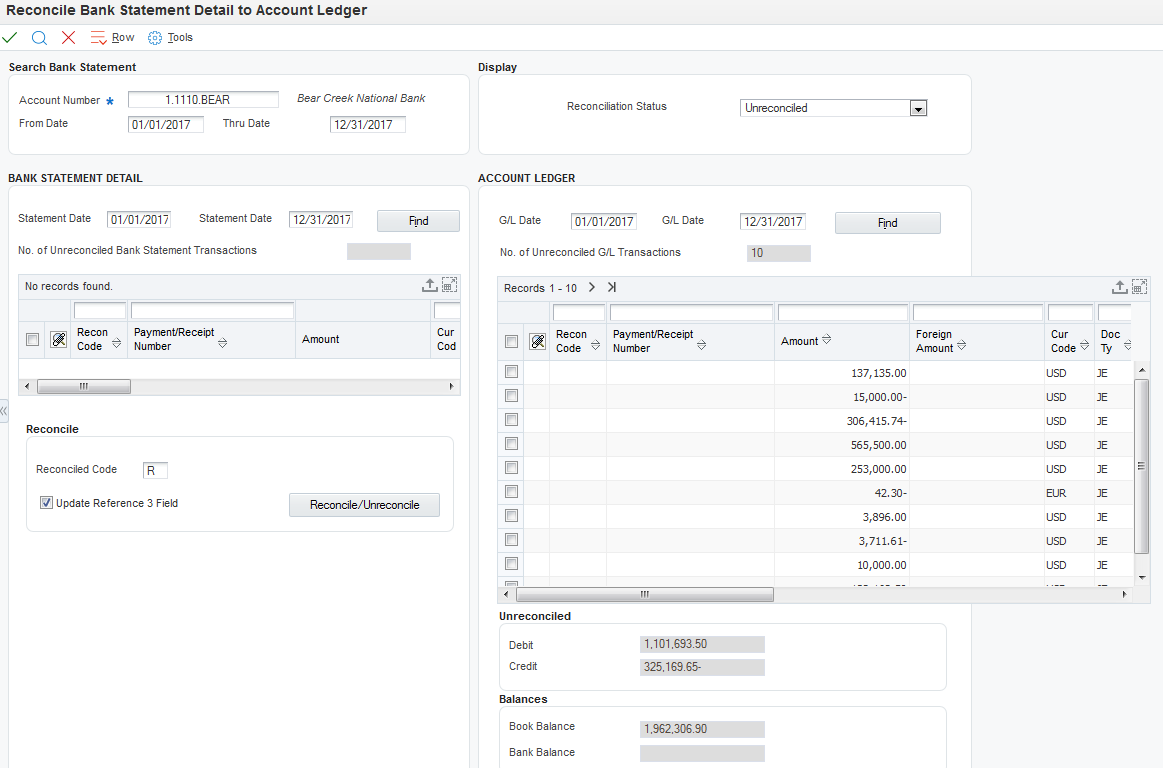 Reconcile Bank Statement Detail to Account Ledger form