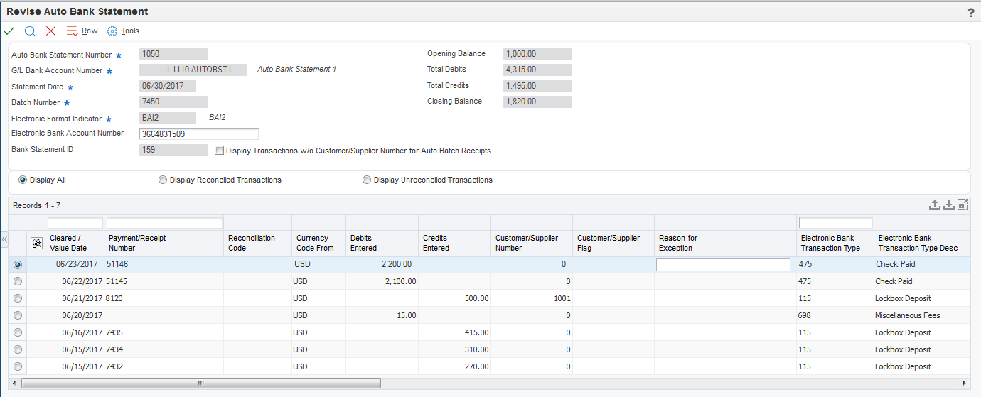 Revise Auto Bank Statement form