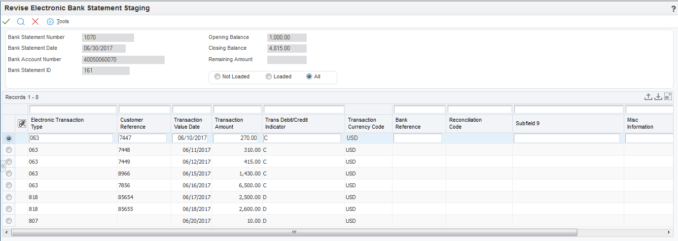Revise Electronic Bank Statement Staging form