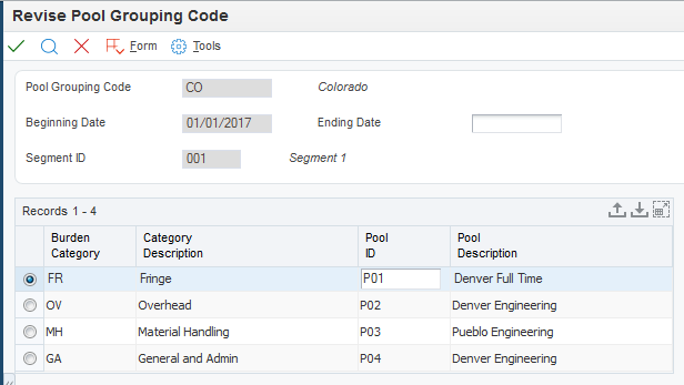 Revise Pool Grouping Code form