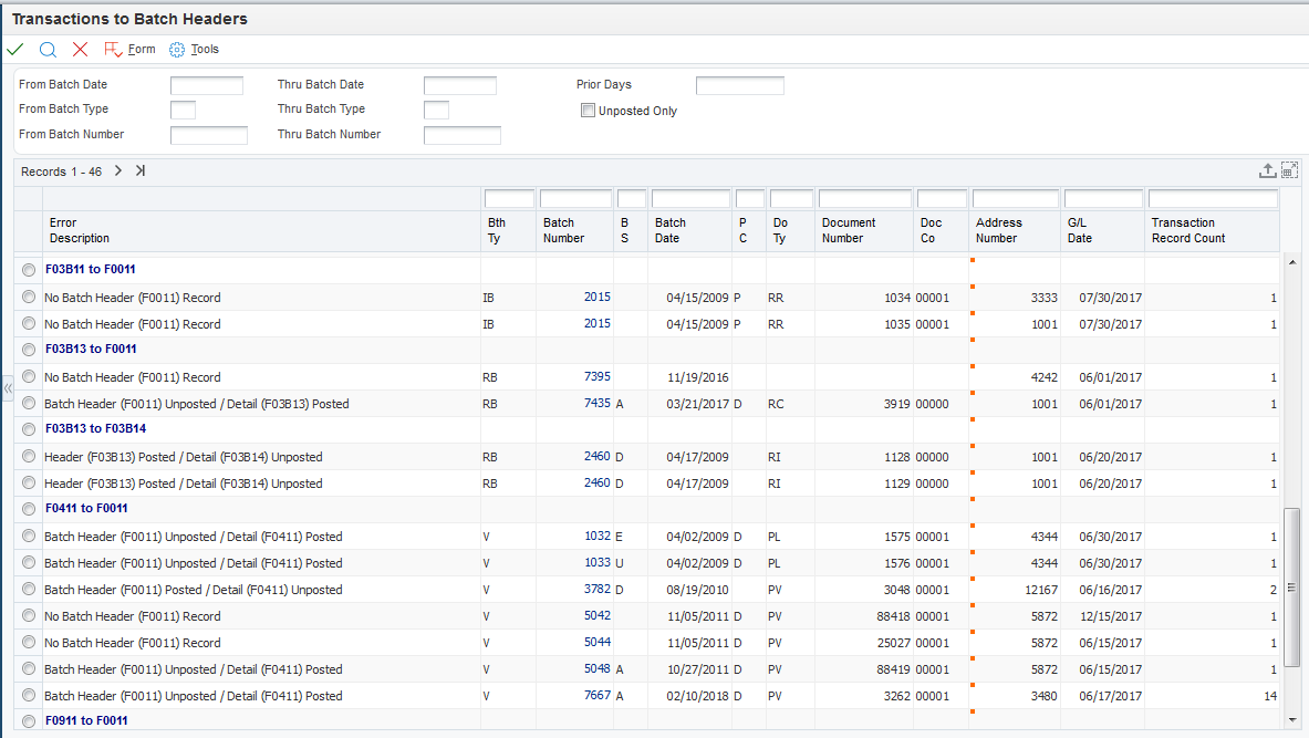 Transactions to Batch Headers form