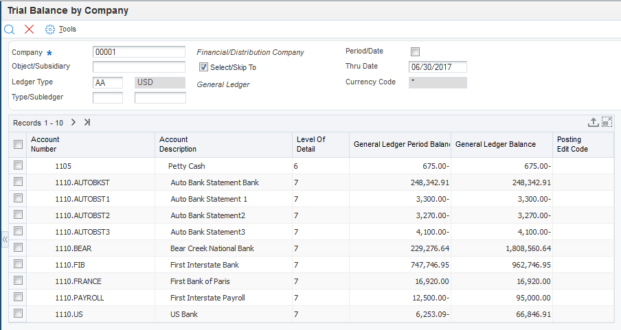 Trial Balance by Company form