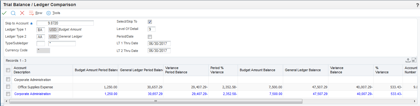 Trial Balance / Ledger Comparison form